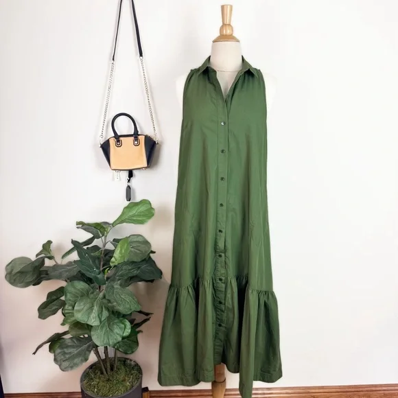 💋Anthropologie Maeve Paola flounce Olive Green Midi Dress - Picture 4 of 11